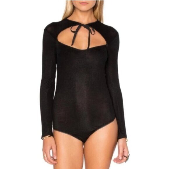 NWT FOR LOVE & LEMONS Josephina Bodysuit Black Tie Front and Long Sleeve L Large - Picture 6 of 11